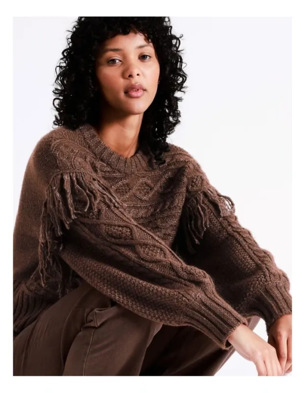 Brown long sleeve fringed knitted pullover top with long sleeves and loose fit