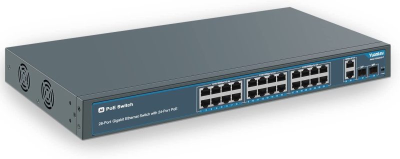 24 Port Gigabit Ethernet PoE Switch with 2 Uplink Gigabit Port &amp; 2 SFP Port, YuanLey Unmanaged 24 Port PoE+ Network Switch, Rackmout, Build in 400W Power, Support 802.3af/at, Plug and Play