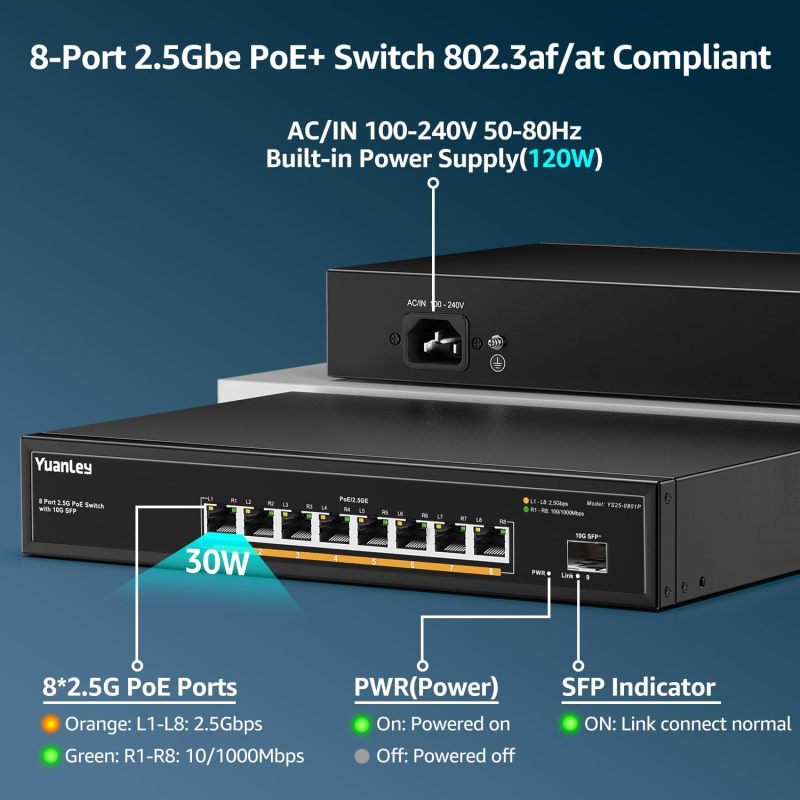 YuanLey 9 Port 2.5G PoE Switch Unmanaged, 8 x 2.5G Base-T PoE Ports, 10G SFP, IEEE802.3af/at, 120W, Compatible with 100/1000/2500Mbps, Metal Fanless, Desktop/Wall Mount 2.5Gbe Network Switch