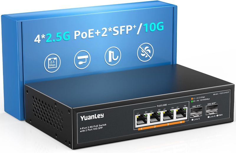 YuanLey 6 Port 2.5G PoE Switch Unmanaged, 4 x 2.5G Base-T PoE Ports, 2 x 10G SFP, IEEE802.3af/at, 78W, Compatible with 100/1000/2500Mbps, Metal Fanless, Desktop/Wall Mount 2.5Gbe Network Switch