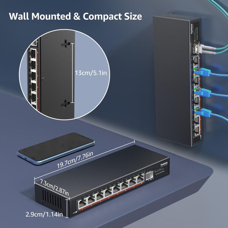 8 Port 2.5G Unmanaged Desktop Ethernet Switch with 10G SFP, 8 x 2.5G Base-T Ports, 60Gbps Switching Capacity, Compatible with 100/1000/2500Mbps, Metal Fanless, YuanLey 2.5Gbe Network Switch Wall Mount