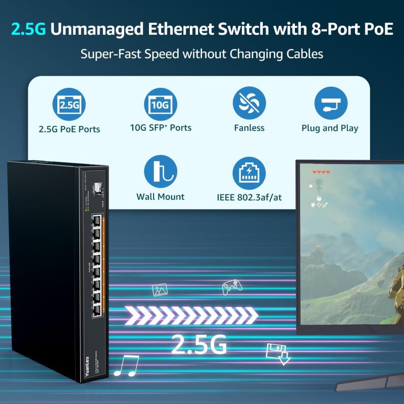 YuanLey 9 Port 2.5G PoE Switch Unmanaged, 8 x 2.5G Base-T PoE Ports, 10G SFP, IEEE802.3af/at, 120W, Compatible with 100/1000/2500Mbps, Metal Fanless, Desktop/Wall Mount 2.5Gbe Network Switch