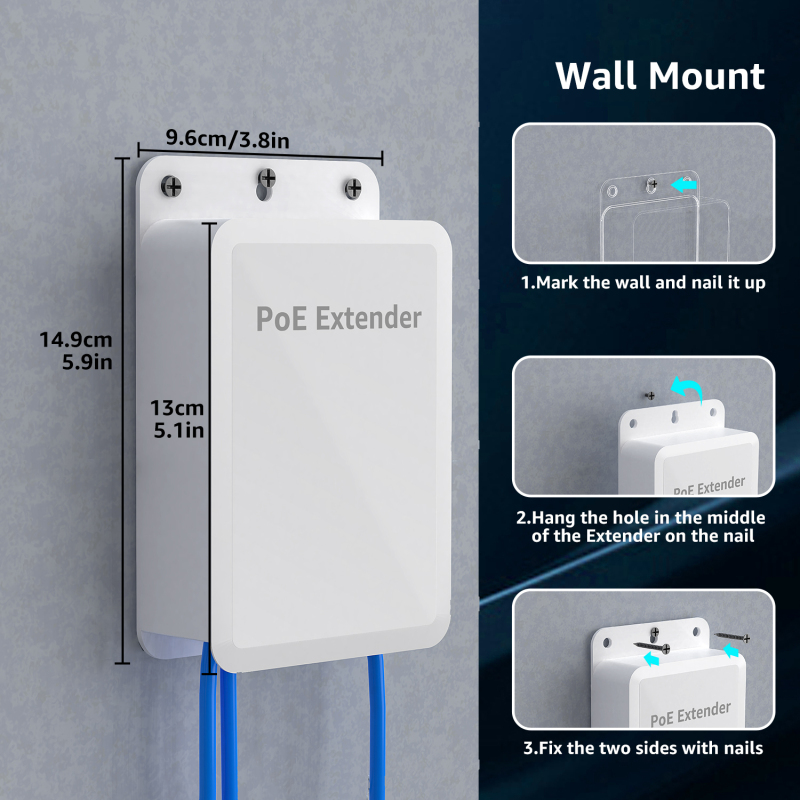 YuanLey Outdoor PoE Extender 1 to 4, 802.3af/at/bt 90W in 60W Out Mini 5 Port PoE Repeater IP66 Waterproof, Vlan, Extend 250m, Unmanaged PoE Passthrough Switch, Wall Mount