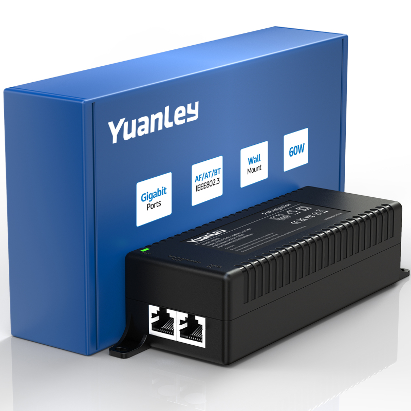 YuanLey 60W Gigabit PoE Injector Converts Non-PoE Devices to PoE++ Network, Supports IEEE 802.3bt/at/af, 10/100/1000Mbps PoE Adapter Plug & Play, up to 325ft Distances (Power Cord not Included).