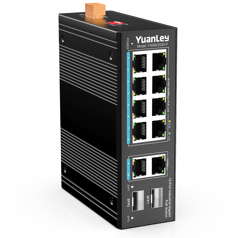 YuanLey 12 Port Industrial Switch with 8 Port PoE Gigabit, 2 1000Mbps Uplink, 2 SFP Port, Unmanaged DIN-Rail PoE Switch, IEEE802.3af/at, 24Gbps Switching Capacity, IP40, Extend, AI Watchdog, Fanless