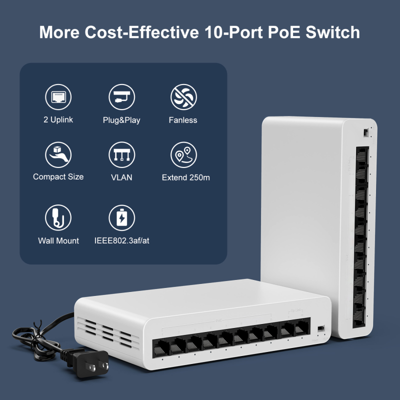 【2024 New Released】10 Port PoE Switch, 8 PoE+ Ethernet Port 100Mbps, 96W 802.3af/at, Extend 250m, Fanless, Yuanley Unmanaged PoE Network Switch Compatible for Hikvision, Reolink, Amcrest Security Came