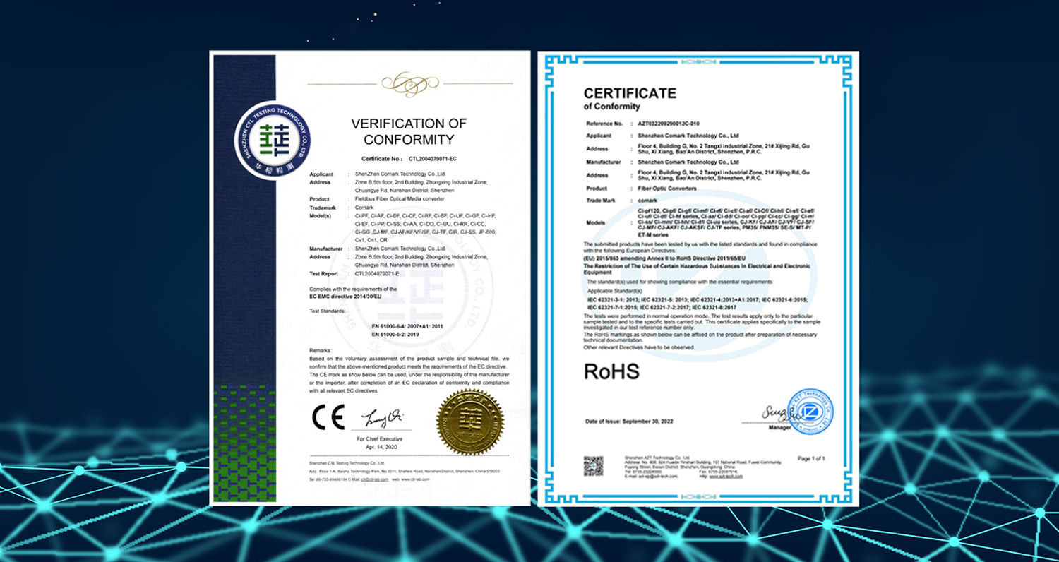 Shenzhen Comark Ci series fiber optic repeaters passed the CE、RoHS certifications, got the passport of European Union market.