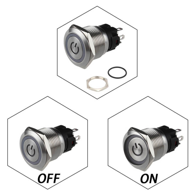 19mm Waterproof Momentary Push Button Switch with Power Symbol LED