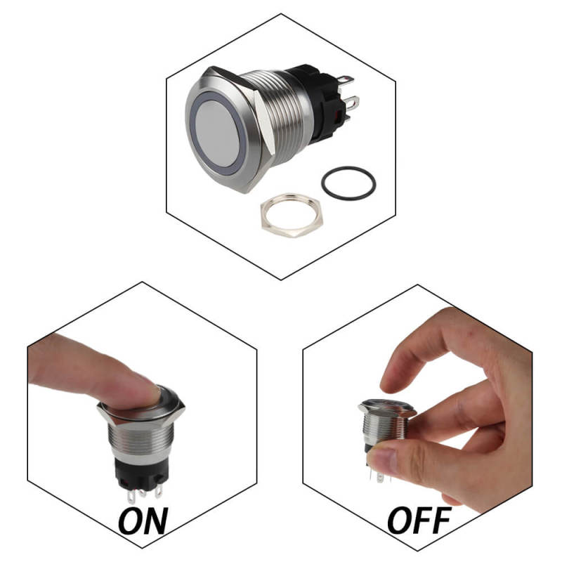 12V Momentary Push Button Switch with LED Ring 22mm