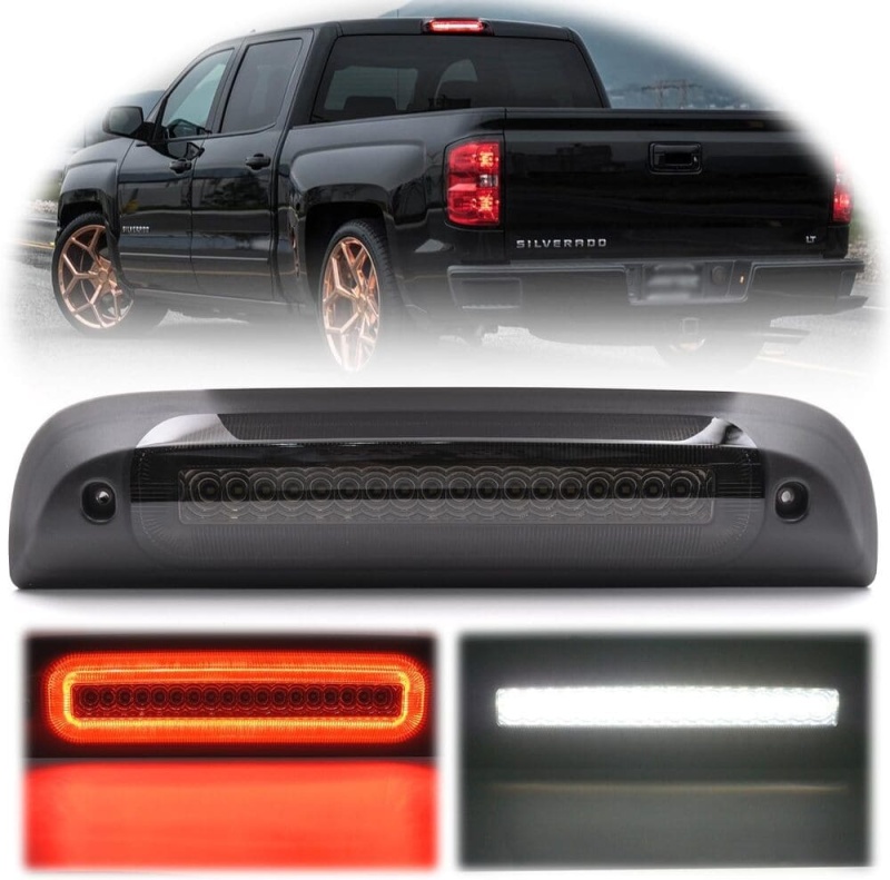 Led Third Brake Light Replacement for 2014-2018 Chevy Silverado GMC Sierra 1500 2500HD 3500HD Red Strobe Rear 3rd Brake Center High Mount Stop Lamp + White Cargo Light Kit Euro Smoked Lens