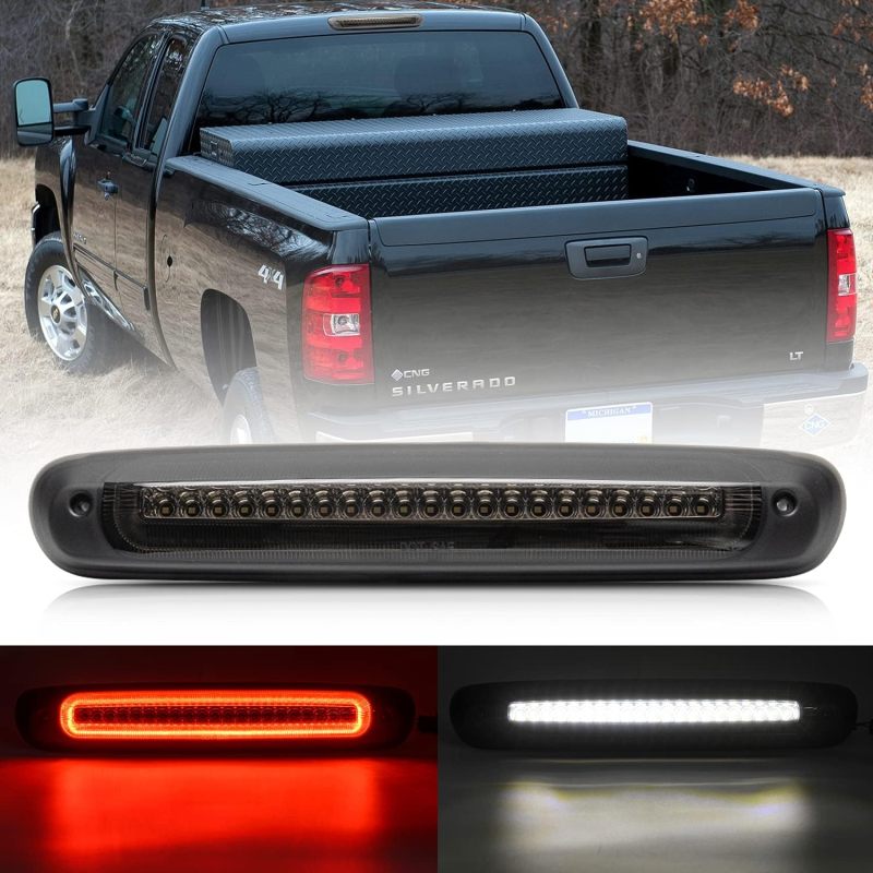 Led Third Brake Light Replacement for 2007-2013 Chevy Silverado GMC Sierra 1500 2500HD 3500HD Strobe Led Rear 3rd Brake Center High Mount Stop Lamp + White Cargo Light Kit Euro Smoked Lens CHMSL