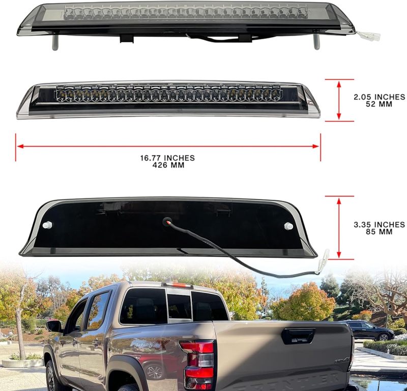 Led Third Brake Light Replacement for 2005-2023 Nissan Frontier D40 D41 Pickup Red LED 3rd Brake Center High Mount Stop Lamp White Cab Cargo Light Smoked Lens CHMSL