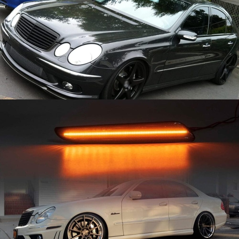 LED Side Marker Lights Compatible w/ 2007-2009 Mercedes Benz W211 E320 E350 E550 E63 AMG LCI Amber Front Bumper Turn Signal Lamp Assembly Smoked Lens