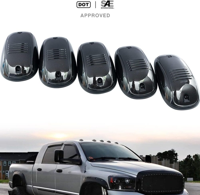 LED Cab Marker Light Housings Compatible w/ 2003-2018 Dodge Ram 1500 2500 3500 Pickup Front Roof Mounted Cab Light Covers Smoked/Clear Lens OEM Fit Cab Roof Marker Running Light Housing Replacement