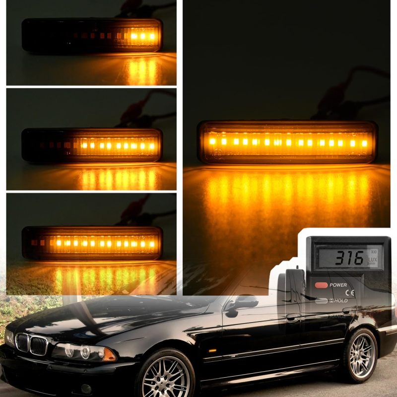 Sequential Amber LED Side Marker Lights Compatible w/BMW 5 Series E39 525i 528i 530i 540i M5 Front Fender Led Dynamic Turn Signal Indicator Blinker Lamps Smoked Lens OEM Replacement
