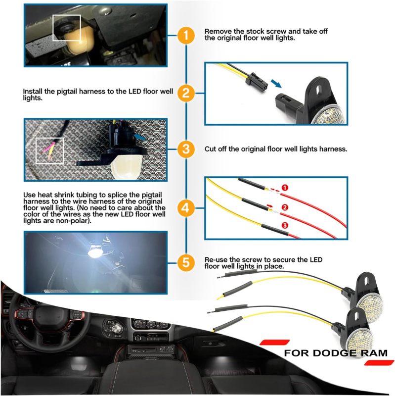 NSLUMO LED Courtesy Footwell Lights Replacement for 2011 2012 Dodge Ram 1500 2500 3500 Pickup, 6000K White Led Under Dashboard Interior Welcome Floor Liner Lamps Harness Assembly Canbus Error Free