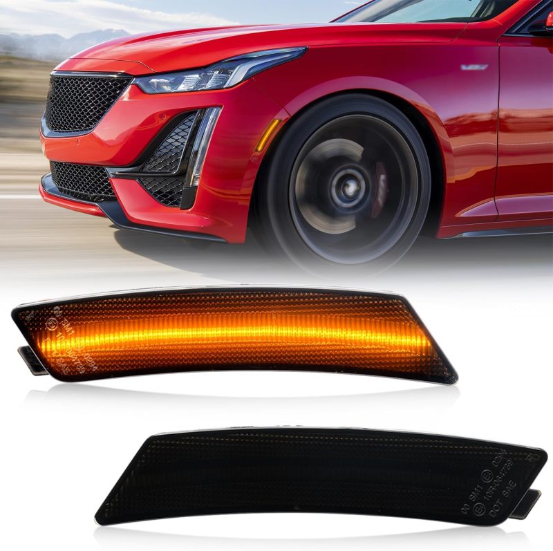 NSLUMO Led Side Marker Lights Compatible w/Cadillac CT5 2020 2021 2022 2023 Amber Led Front Bumper Side Marker Reflector Repeater Lamp Kit LH RH Smoked Lens Strip Led Sidemarkers OEM Replacement