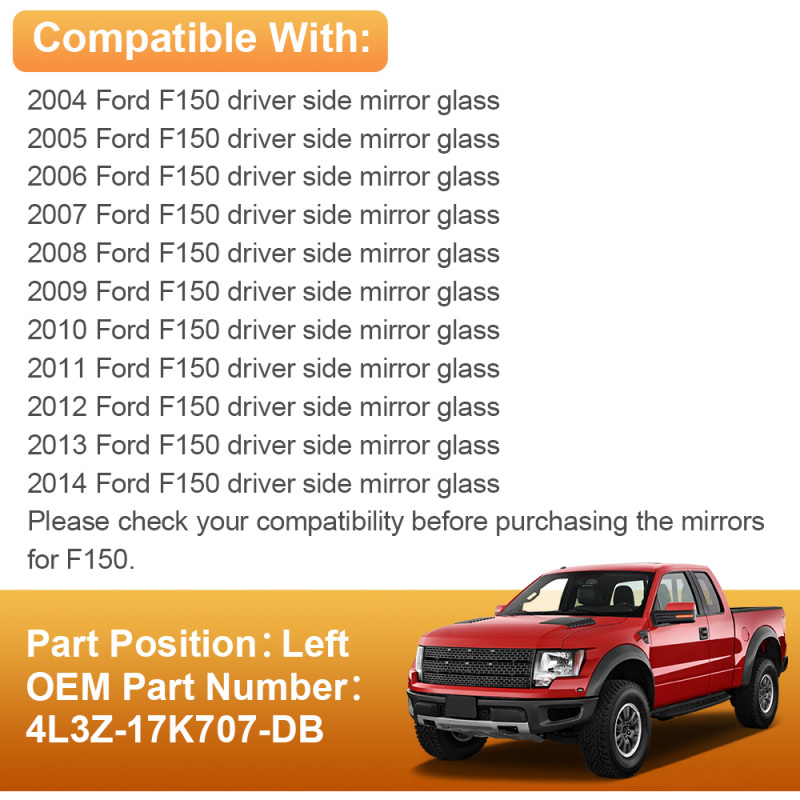 Side Heated Mirror Glass Replacement Compatible with 2004-2014 Ford F150 Mirror 4L3Z-17K707-DB 4L3Z-17K707-DA