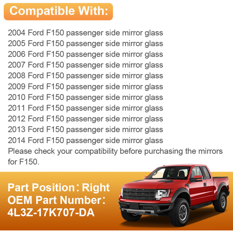 Side Heated Mirror Glass Replacement Compatible with 2004-2014 Ford F150 Mirror 4L3Z-17K707-DB 4L3Z-17K707-DA