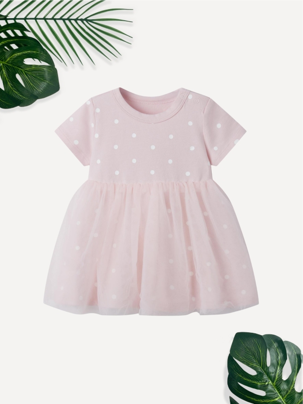 baby girl dot print short sleeve jersey tulle dress