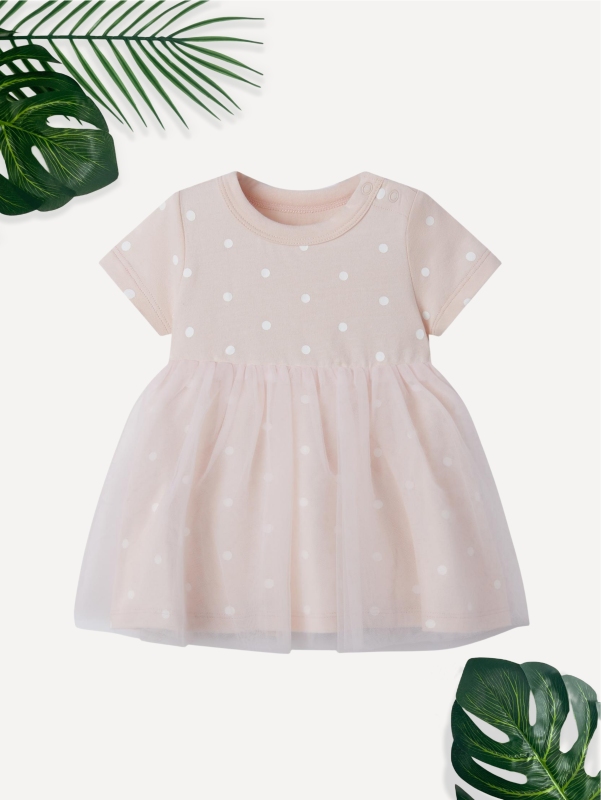 baby girl dot print short sleeve jersey tulle dress