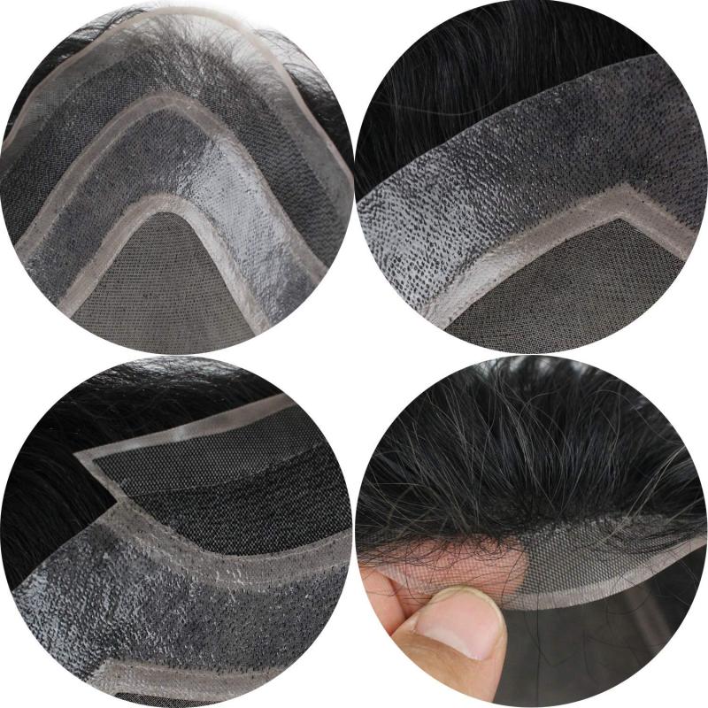 Best Toupee 100% Human Hair Super Swiss Lace European Virgin Hair Hairpiece Replacement System for men  80% #1B Color Mixed 20% Grey Hair(10'x8')