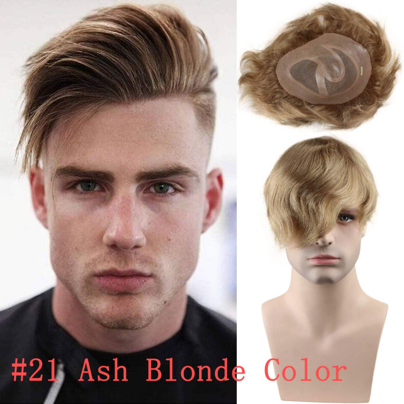 #21 Ash Blonde Color 8X10 Best Swiss Lace Monofilament Net with PU around Base for Men With Soft Skin Toupee 100% Human Hair Replacement For Men