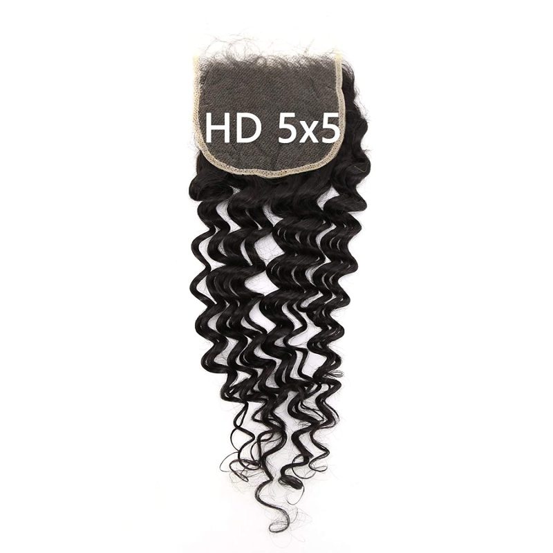 5X5 Transparent Invisible Hd Lace Thinner Lace Closure Malaysian Deep Wave Human Hair With Baby Hair Bleached Knots 10A Lace Top Closure