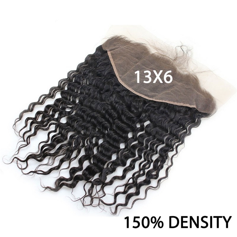 150% Density 13X6 Ear To Ear Lace Frontal Closure Human Hair Brazilian Virgin Hair  Deep Wave Nautral Color Bleached Knots