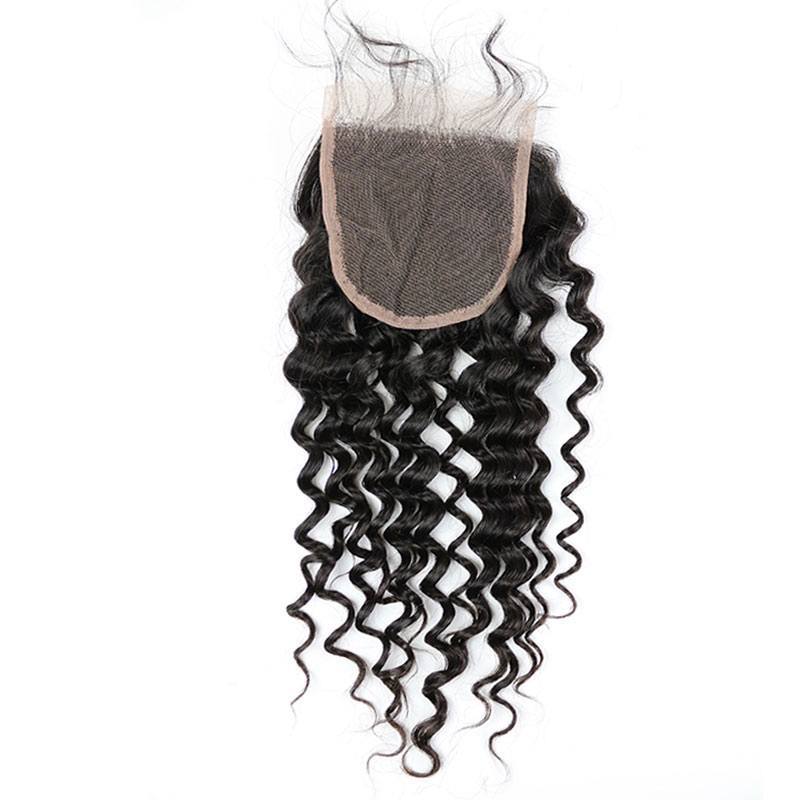 100 Human Hair Virgin Brazilian Lace Closure Deep Curly 4*4  Inch Natural Color Density 120% In Stock