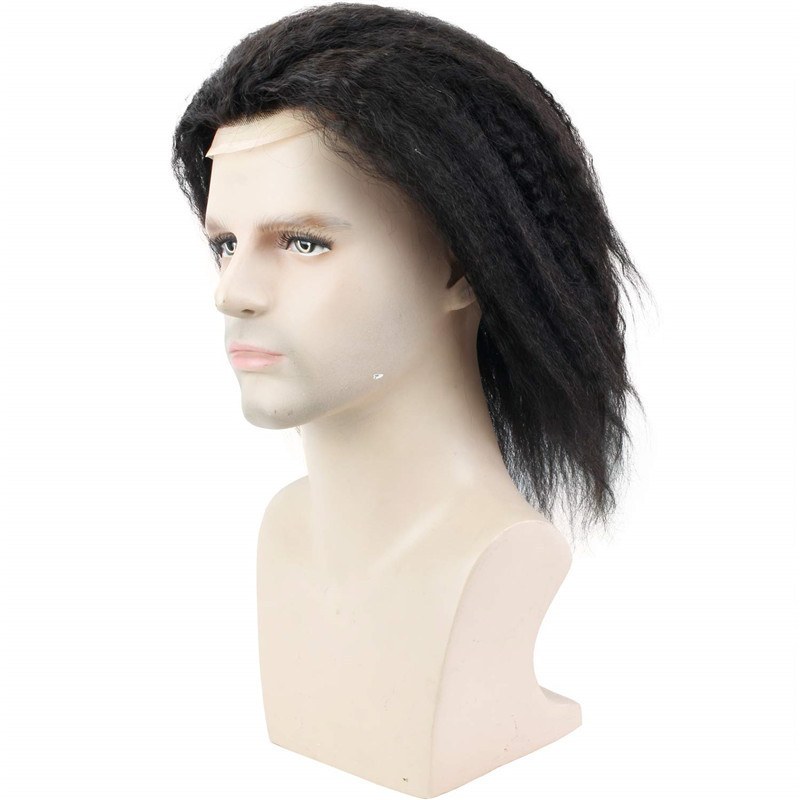 12" Long Kinky Straight Human Hair Replacement for Men Stock Toupee Mono Lace and PU Around with Swiss Lace Front 10"x8" Base Size Natural Black Bolor