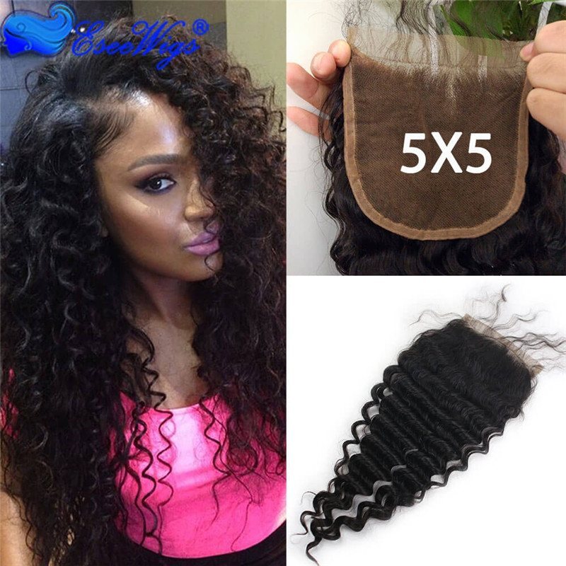 Virgin Brazilian Deep Wave 5X5 Closure 100 Human Hair Free MIiddle 3 Part Deep Wave Swiss Lace Closure Bleached Knots