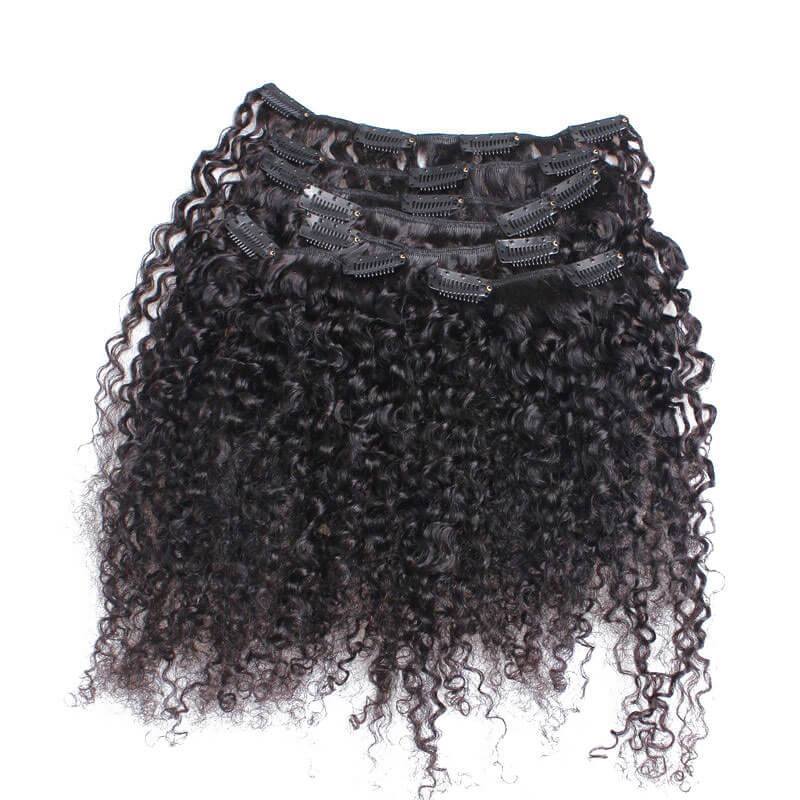 Kinky Curly Weave Clip In Human Hair Extension Natural Color Full Head