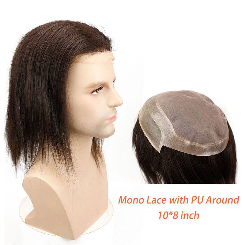 Hairpiece Mono Lace with PU Replacement 12 inch Length Long Straight Toupee Brazilian Remy Human Hair Natural Black Color