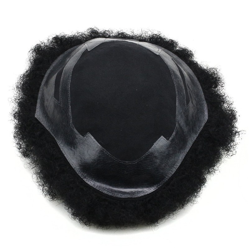 Human Hair Afro Curly Mens Toupee Hairpiece Wig Base with Hard PU Reforced Color #1