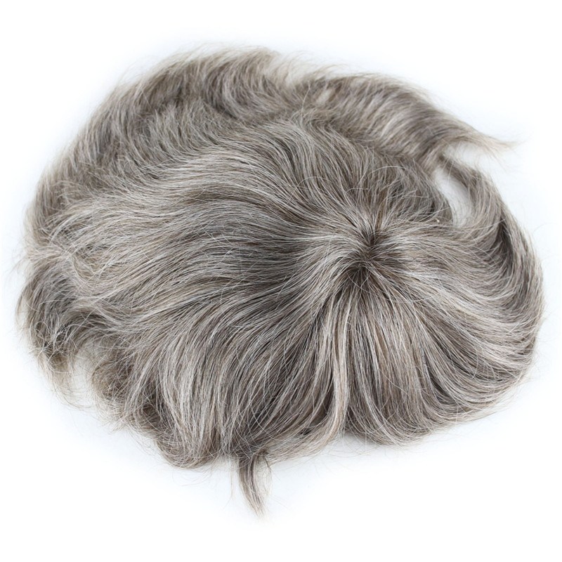 Men's Toupee 10×8 inch Human Hair 6# Mix 40% Grey Hair Thin Skin Hairpiece Hair Replacement System Monofilament Net Base for Men