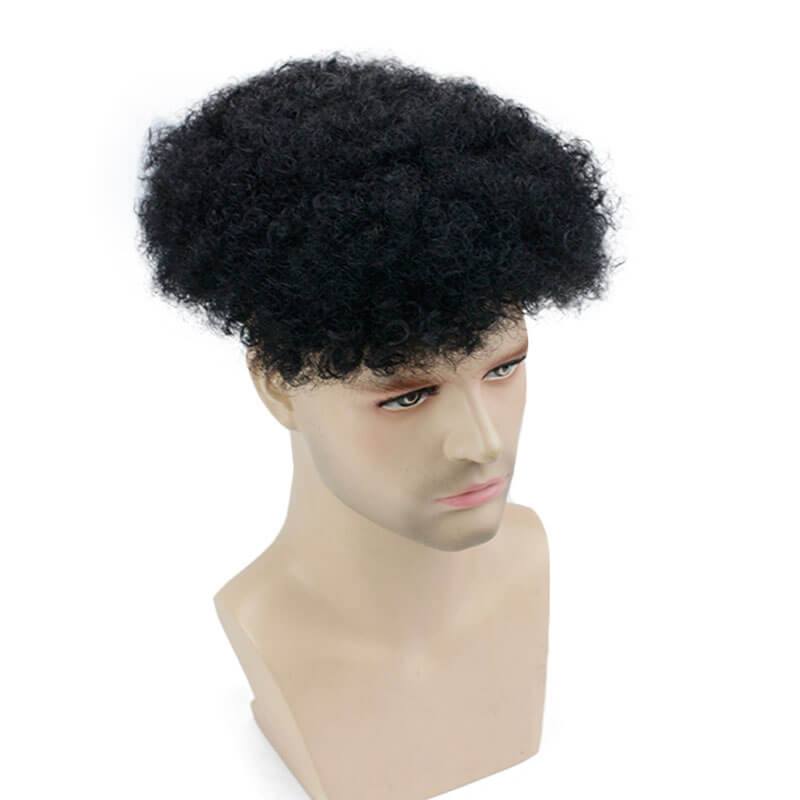 Eseewigs Mens Toupee 10x8 Inch Replacement Afro Curl Mens Wig Full PU Base Hairpiece For Men 100% Brazilian Remy Human Hair 1B#