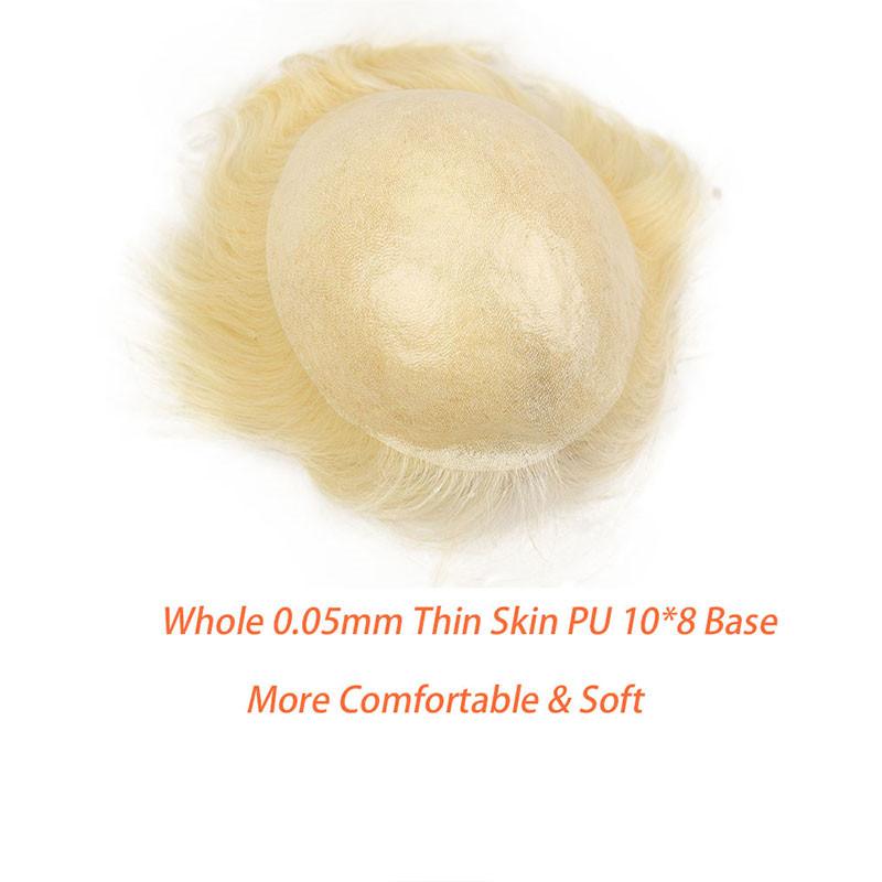 613# Blonde Men`s Toupee 6 inch Hairpiece Whole PU Base Brazilian Remy Human Hair Natural Straight 10*8