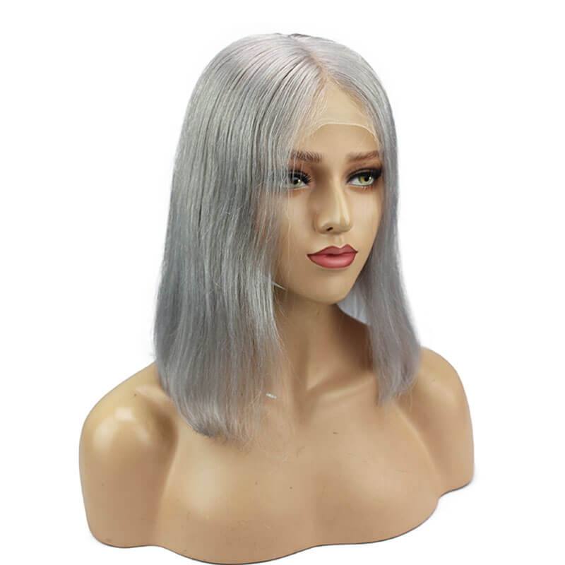 Silver Grey Short Real Human Hair Deep Part Bob Lace Front Wigs For Sale