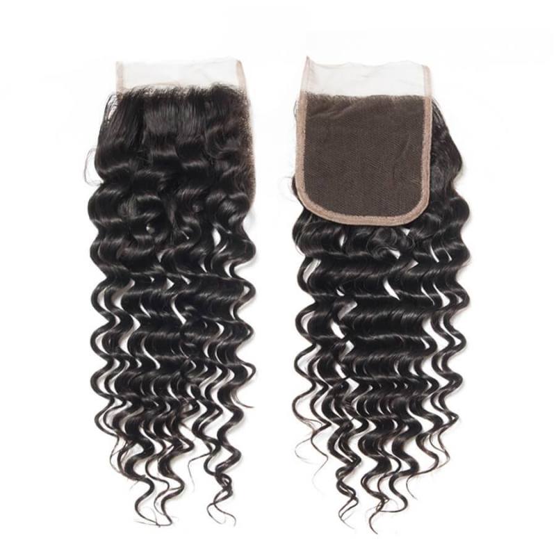 8A Unprocessed Peruvian Deep Wave Lace Closure 4*4 Natural Black Free Middle 3 Part Closures With Baby Hair