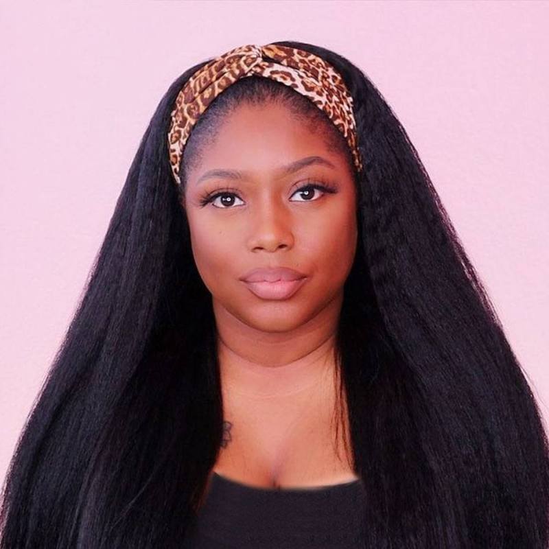 Kinky Straight Yaki Human Hair Wig Human Hair Wigs With Headband Remy Peruvian Full Machine Made Wig For Black Women 150Density