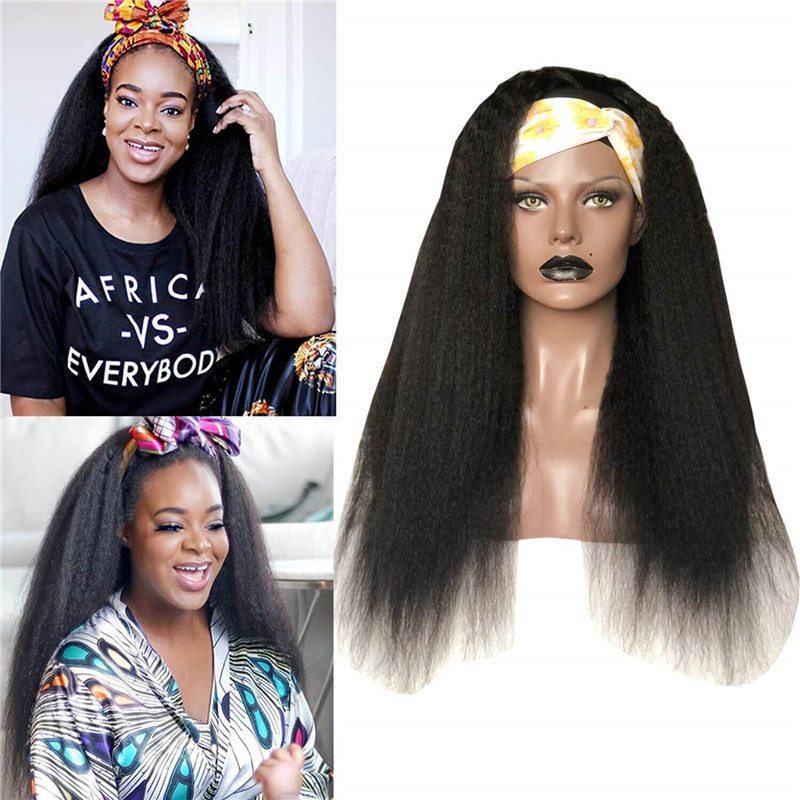 Kinky Straight Yaki Human Hair Wig Human Hair Wigs With Headband Remy Peruvian Full Machine Made Wig For Black Women 150Density