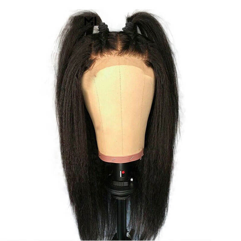 Pre Plucked Lace Front Wig Kinky Straight Human Hair for Women Black Color Brazilian Remy Hair Natural Hairline
