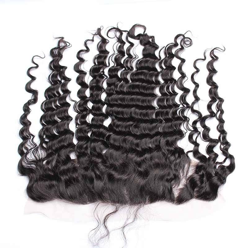 Natural Color Deep Wave Indian Remy Hair Lace Frontal Closure 13x4inchs