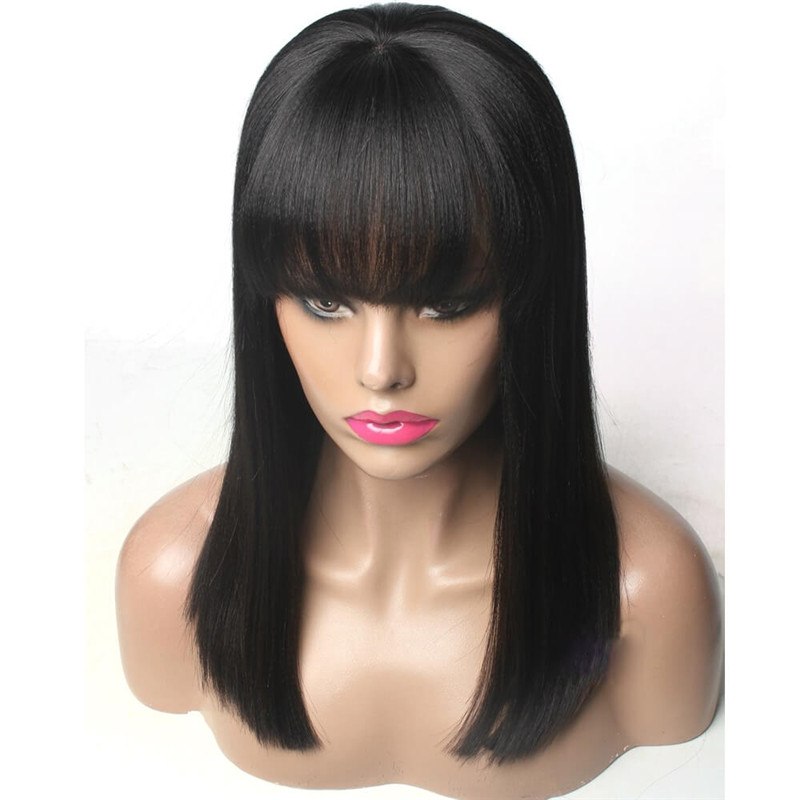 Yaki Wig with Bangs Light Yaki Straight 100 Human Hair Natural Color Density 130%