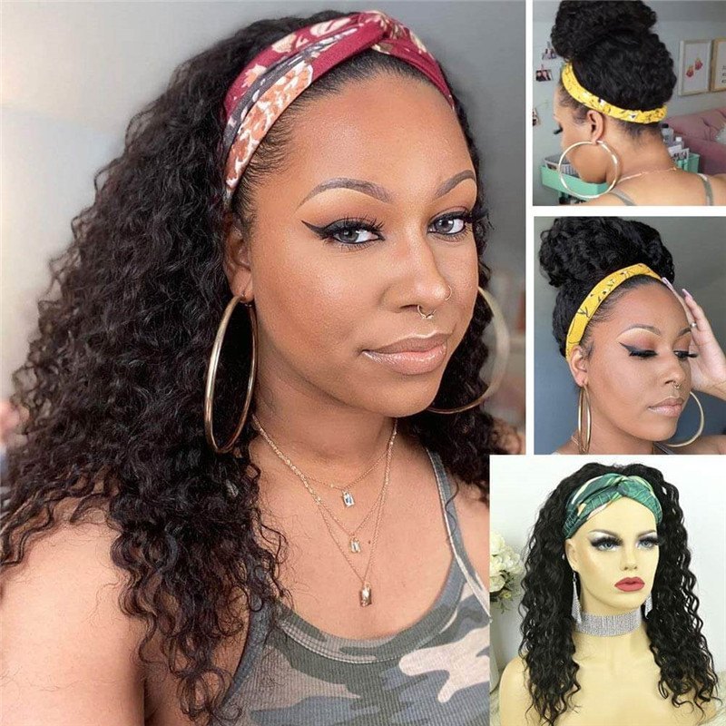 Deep Curly Human Hair Wigs for Black Women Glueless None Lace Front Wigs Brizilian Remy Hair Machine Made Headband Wig 150% Den