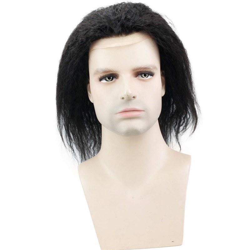 12" Long Kinky Straight Human Hair Replacement for Men Stock Toupee Mono Lace and PU Around with Swiss Lace Front 10"x8" Base Size Natural Black Bolor