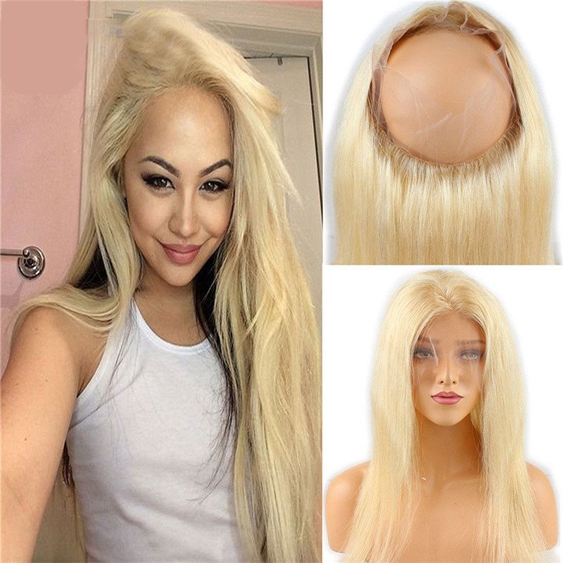 360 Lace Frontal Blonde #613 Silk Straight Brazilian Virgin Remy Human Hair Lace Band Frontal Closure Natural Hairline Bleached Knots with Baby Hair