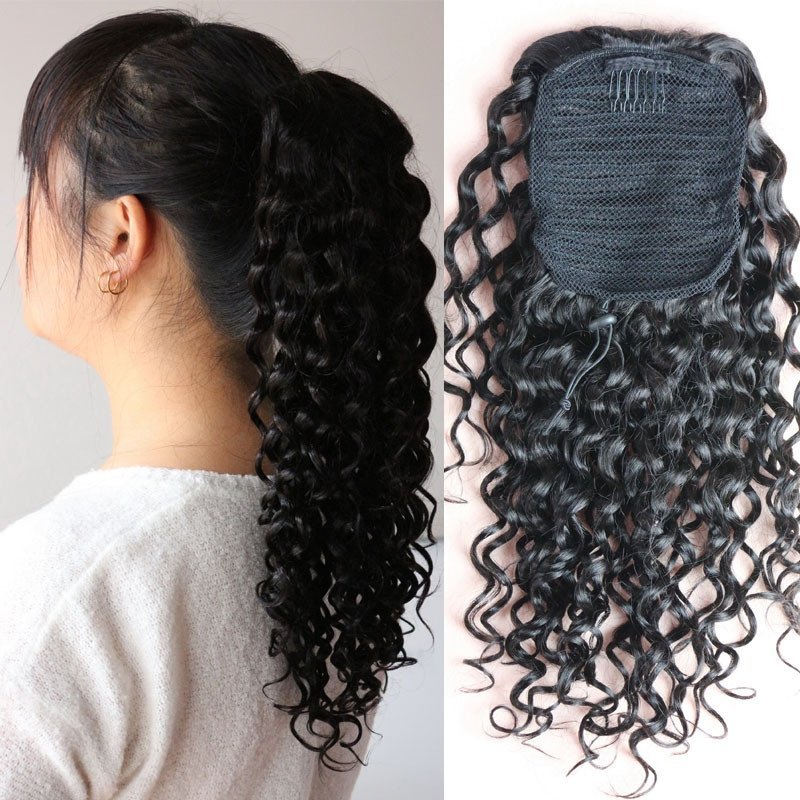 Brazilian Curly Virgin Hair Ponytail Hairpiece 100% Human Hair Clip In Ponytail Hair Extension