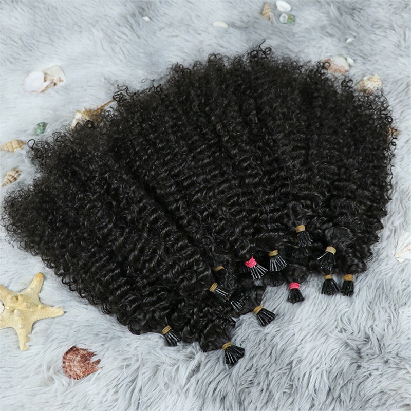 Full Cuticle Aligned Natural Black Keratin I Tip Hair Burmese Kinky Curly Hair Extensions